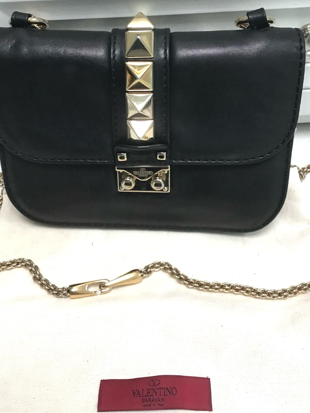 Authentic Valentino Garavani Black Leather Stud-Accent Shoulder Bag